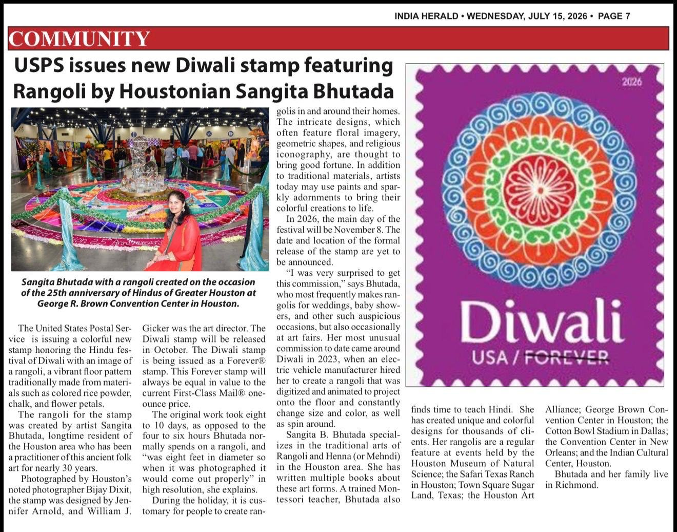 India Herald — USPS Diwali Stamp Feature