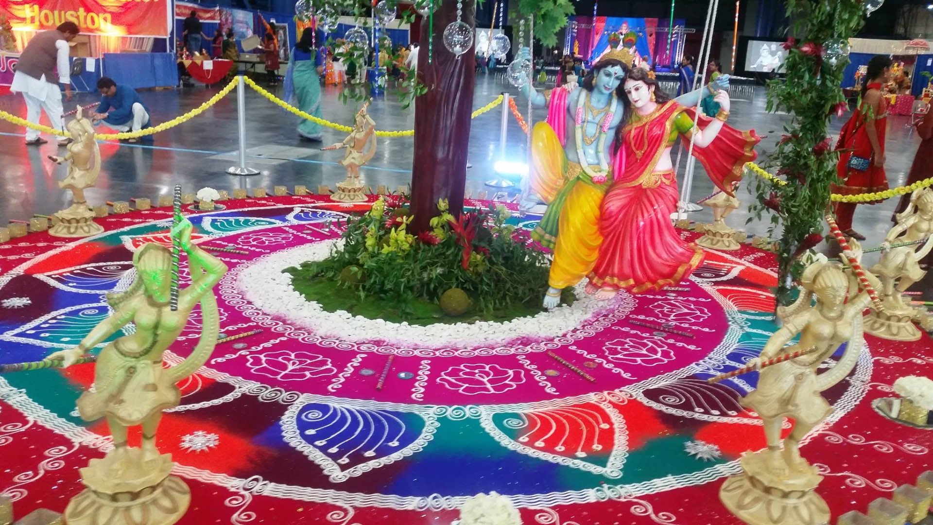 Radha–Krishna Rangoli with Gopi Statues