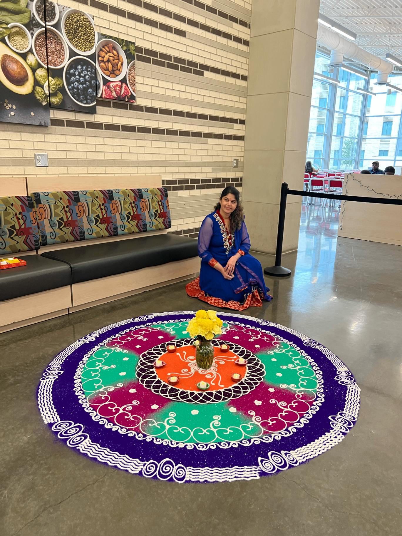 Purple & Green Swirl Rangoli — Corporate Lobby