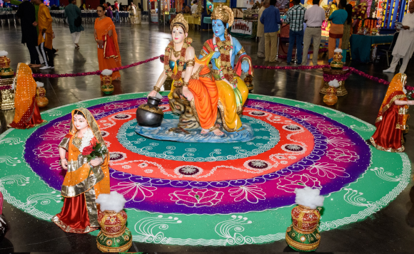 Radha–Krishna Rangoli — With Young Devotee