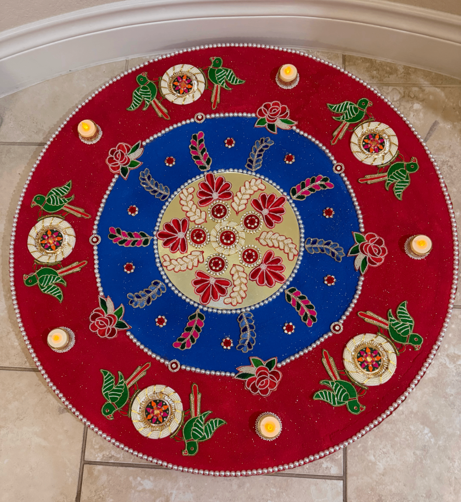 Red & Blue Parrots & Roses Rangoli